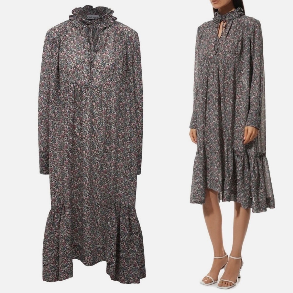 GANNI Ruffled Crepe Floral Print Midi Dress in Moonlight Mauve Size 36 / US 4 - Picture 8 of 16